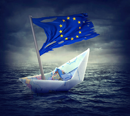paper boat with torn EU flag