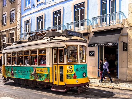 A traditional Lisbon tram in Martim Moniz, the neighbourhood associated with the migrant community in Portugal