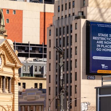 Melbourne, Australia, 17 April, 2020. COVID-19 Stage 3 restriction warning signs display all over the city during the Coronavirus Crisis in Melbourne, Australia.