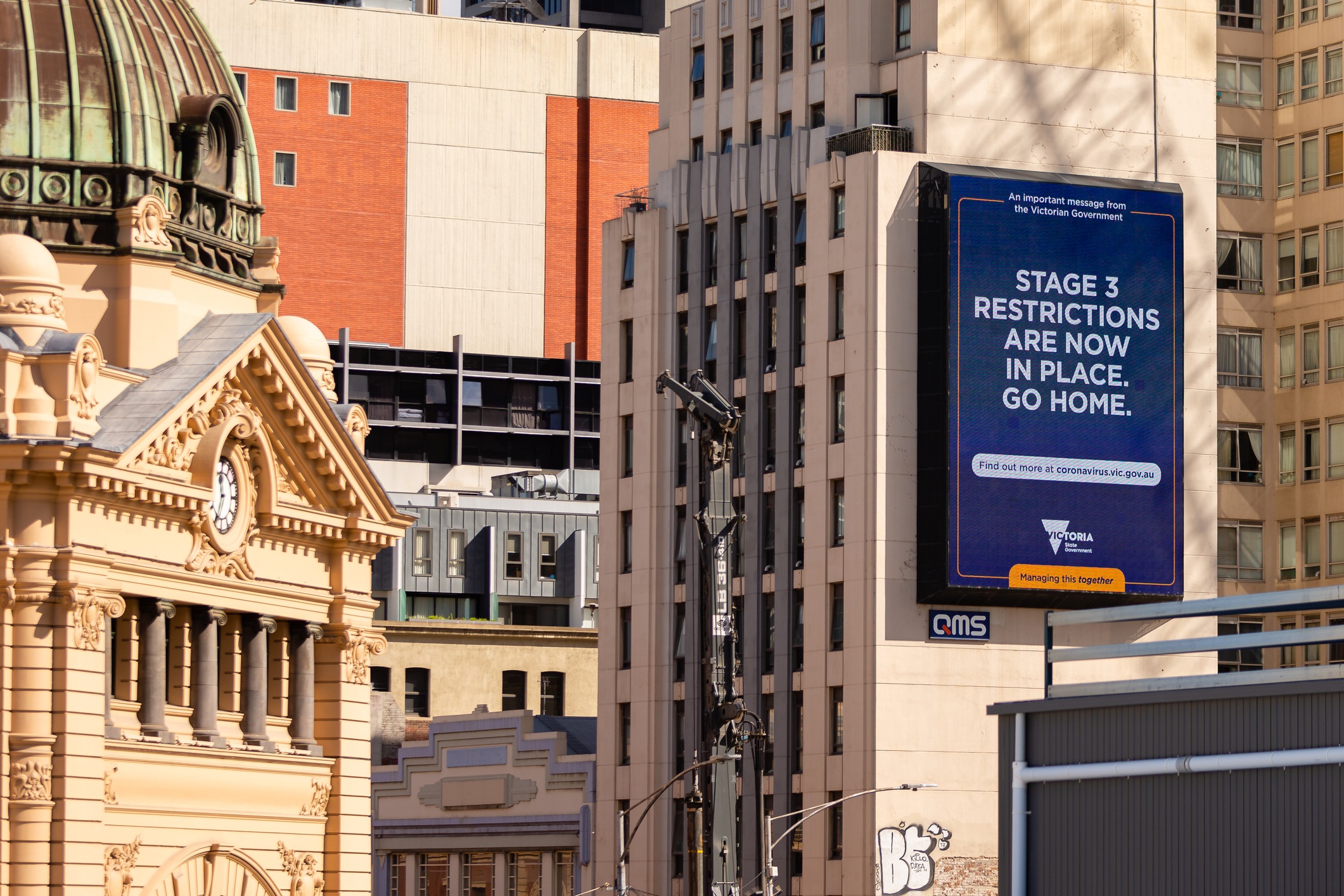 Melbourne, Australia, 17 April, 2020. COVID-19 Stage 3 restriction warning signs display all over the city during the Coronavirus Crisis in Melbourne, Australia.