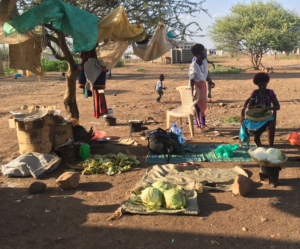 A group of Turkana women sell vegetables and fish at the Kalobeyei Settlement