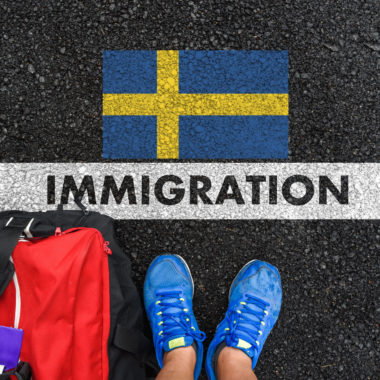 Man in shoes with bag standing next to line with word IMMIGRATION and flag of Swede