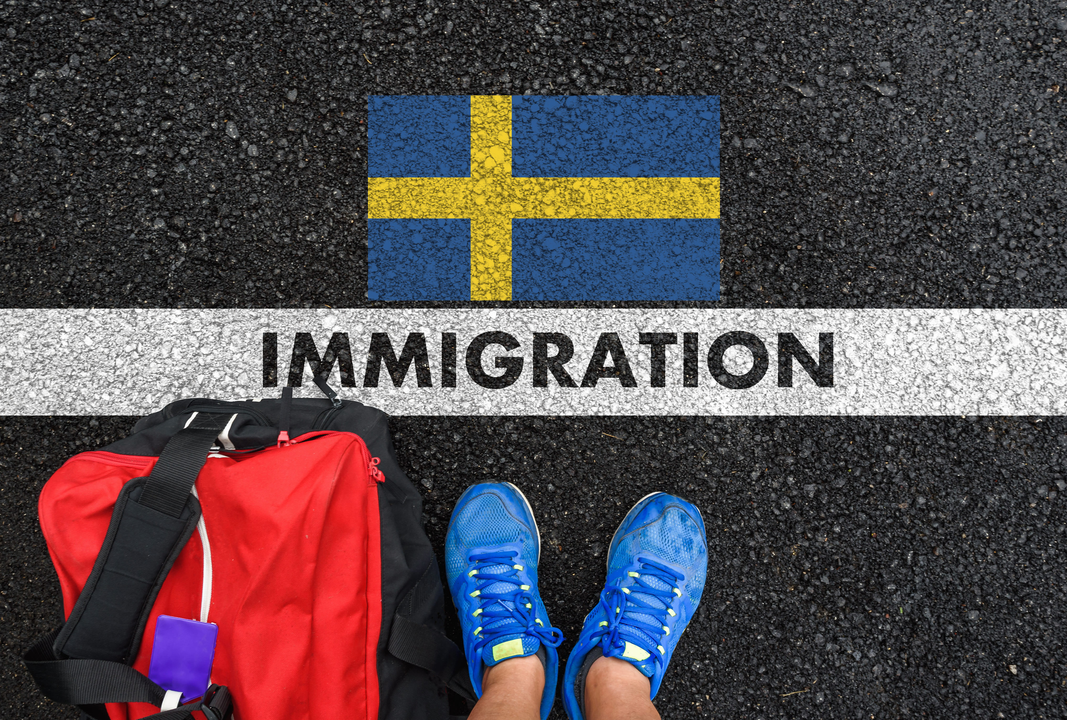 Man in shoes with bag standing next to line with word IMMIGRATION and flag of Swede